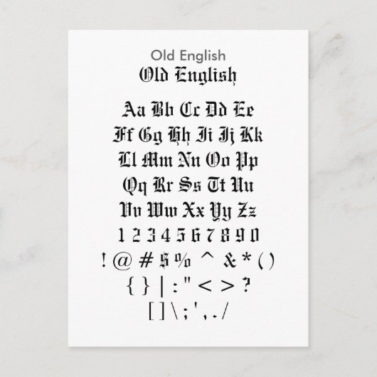 Old English - Zazzle Schriftart Sampler Sheet Postkarte (Vorderseite)