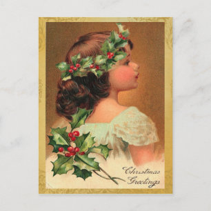 Old Fashion Holly Girl Christmas Holiday Feiertagspostkarte