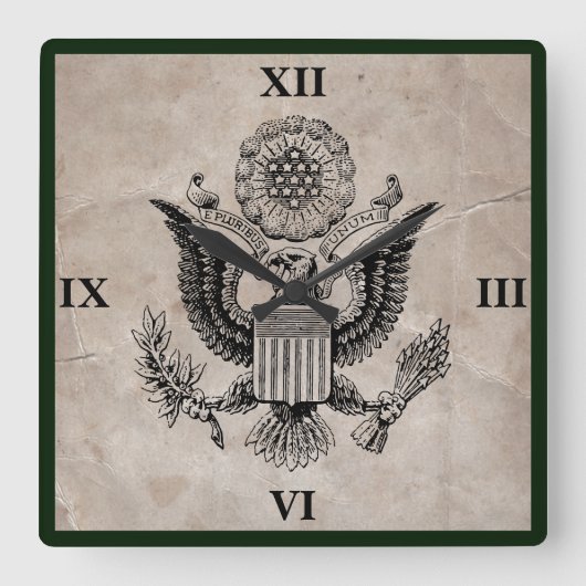 Old Fashioned American Coat of Arms Clock Quadratische Wanduhr (Vorderseite)