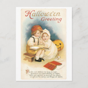 Old-fashioned Halloween, Boy & Girl Postkarte