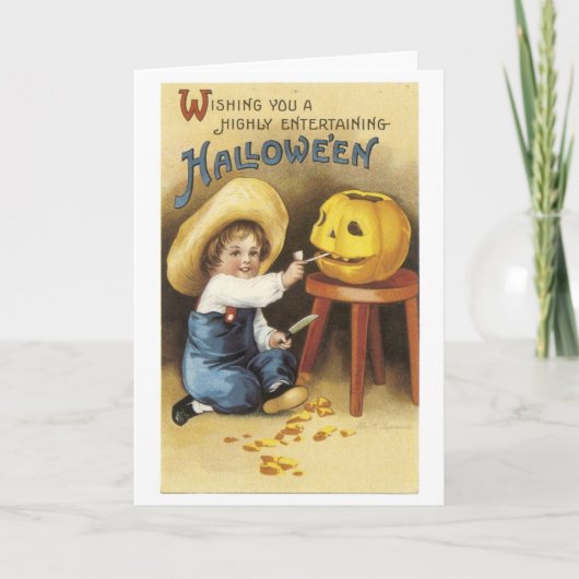 Old-fashioned Halloween, Boy makes Jack-o'-lantern Karte (Vorderseite)