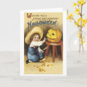 Old-fashioned Halloween, Boy makes Jack-o'-lantern Karte (Gelbe Blume)