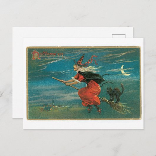Old-fashioned Halloween, Witch with Black cat Postkarte (Vorne/Hinten)
