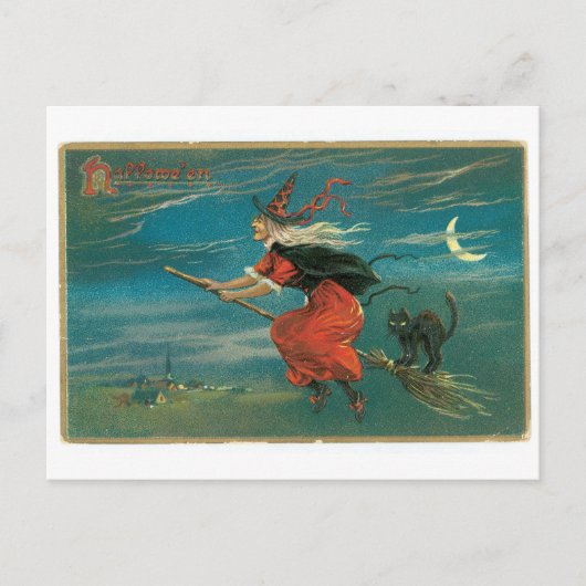 Old-fashioned Halloween, Witch with Black cat Postkarte (Vorderseite)