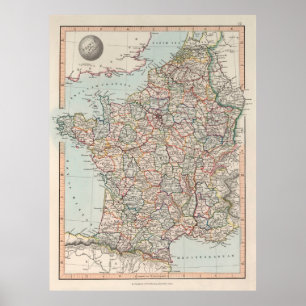 Old France Map (1850) Vintage French Country Atlas Poster