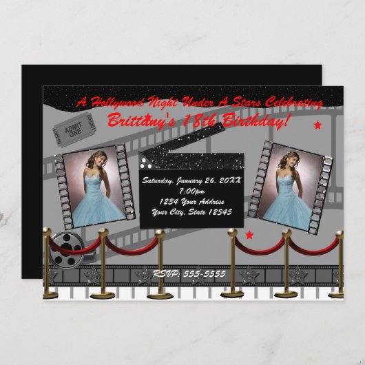 Old Glamour Hollywood Red Teppich Movie Einladung (Vorne/Hinten)