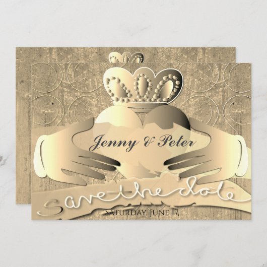 Old Gold Claddagh Ring Flat Save the Date Card (Vorne/Hinten)