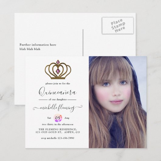 Old Gold Elegance Quinceañera Einladung Postkarte (Vorne/Hinten)