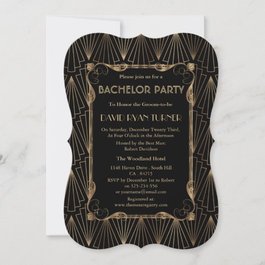 Old Hollywood Gold Great Gatsby Bachelor Party Einladung (Vorderseite)