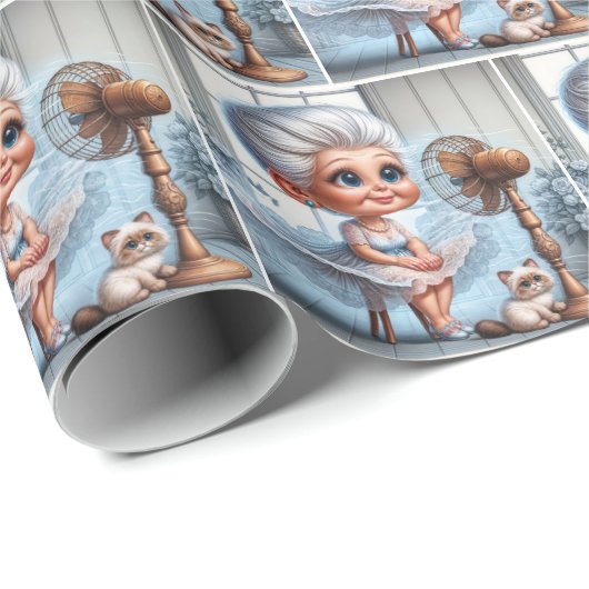 Old Lady Cooling Off In Front of a Retro Fan Geschenkpapier (Rolleneckpunkt)