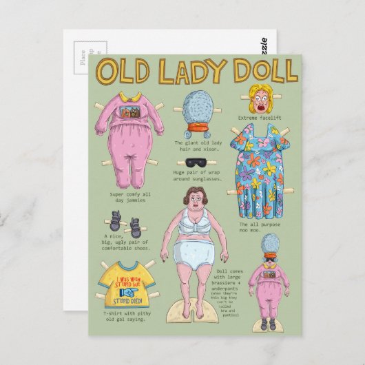 Old Lady Paper Doll. Postkarte (Vorne/Hinten)