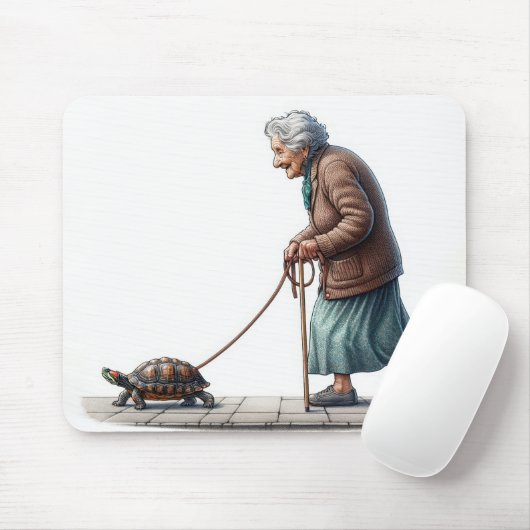 Old Lady Walking a Pet Turtle Mousepad (Mit Mouse)