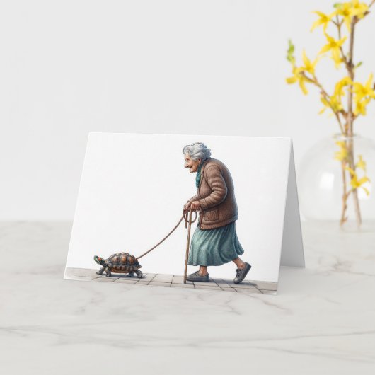 Old Lady Walking a Turtle Karte (Gelbe Blume)