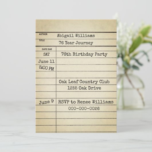 Old Library Card 76th Birthday Party Einladung (Stehend Vorderseite)