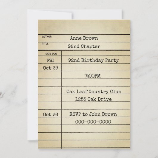 Old Library Card 92. Geburtstagsparty Einladung (Vorderseite)
