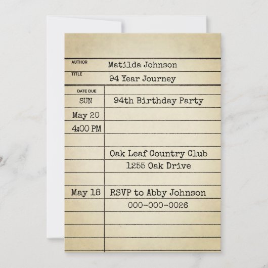 Old Library Card 94th Birthday Party Einladung (Vorderseite)