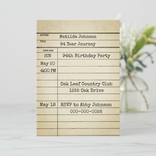 Old Library Card 94th Birthday Party Einladung (Stehend Vorderseite)