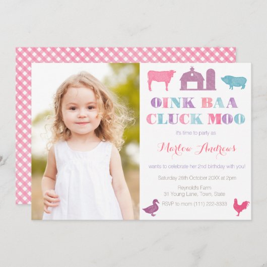 Old MacDonald Farm Animals Party Cards Picture Einladung (Vorne/Hinten)