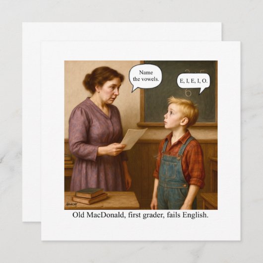 Old MacDonald, first grader, fails English. Einladung (Vorne/Hinten)