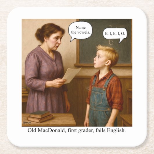 Old MacDonald, first grader, fails English. Rechteckiger Pappuntersetzer (Vorderseite)