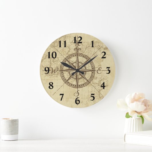 Old Map Compass Große Wanduhr (Zuhause)