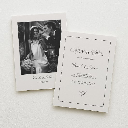 Old Money Black and Ivory Wedding Save the Date Einladung