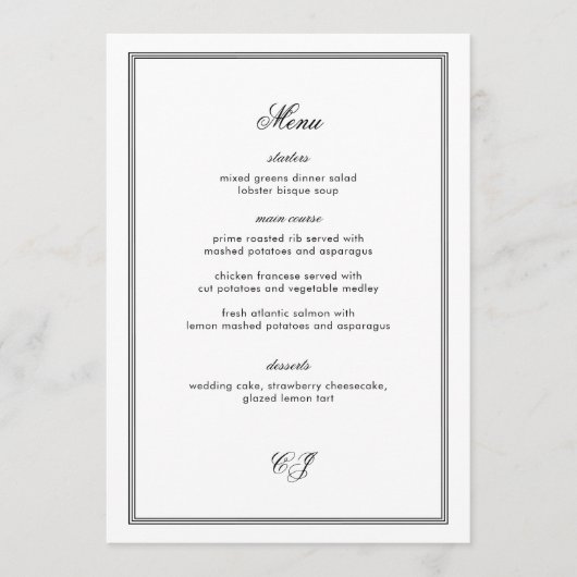Old Money Black and White Wedding Menu Card Einladung (Vorderseite)