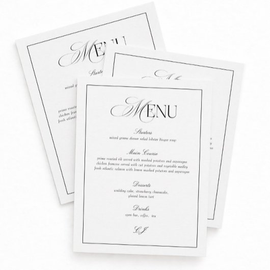 Old Money Black and White Wedding Menu Card Einladung