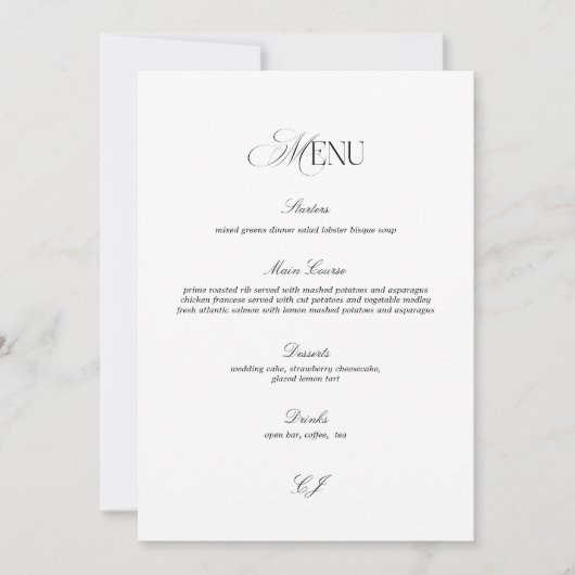 Old Money Black and White Wedding Menu Card Einladung (Vorderseite)