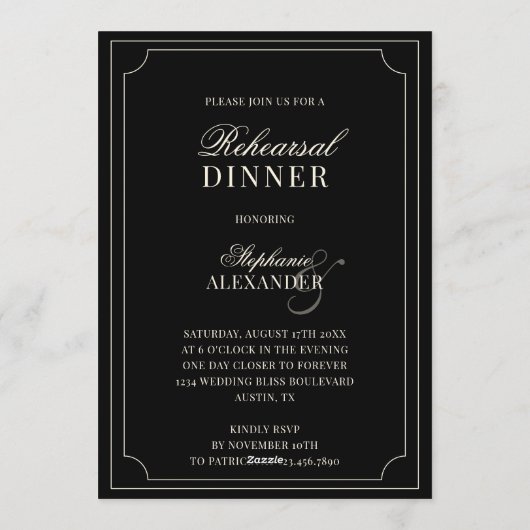 Old Money Black Ivory Checkered Rehearsal Dinner Einladung (Rückseite)
