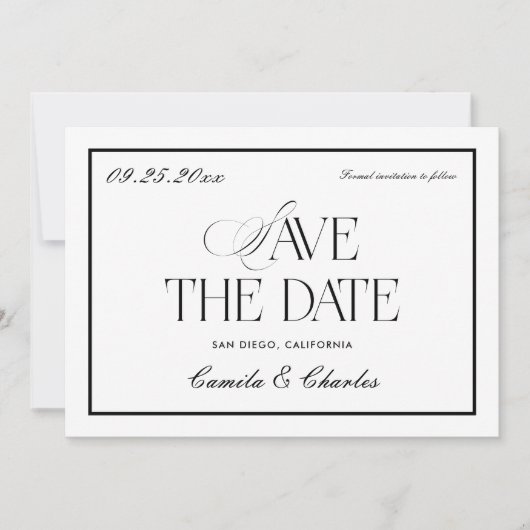 Old Money Black White Wedding Save the Date Photo Einladung (Vorderseite)