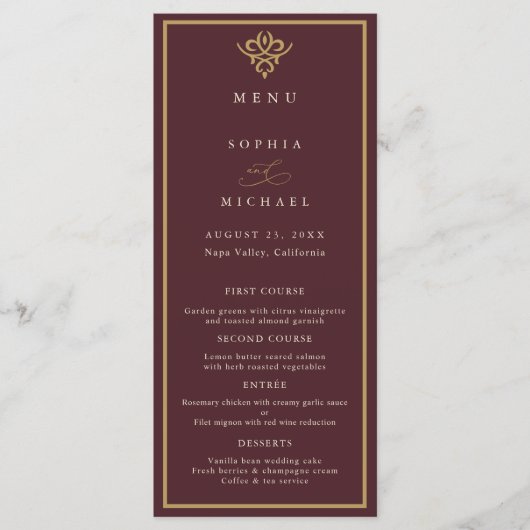 Old Money Burgundy Wedding Flat Menu Menükarte (Vorderseite)