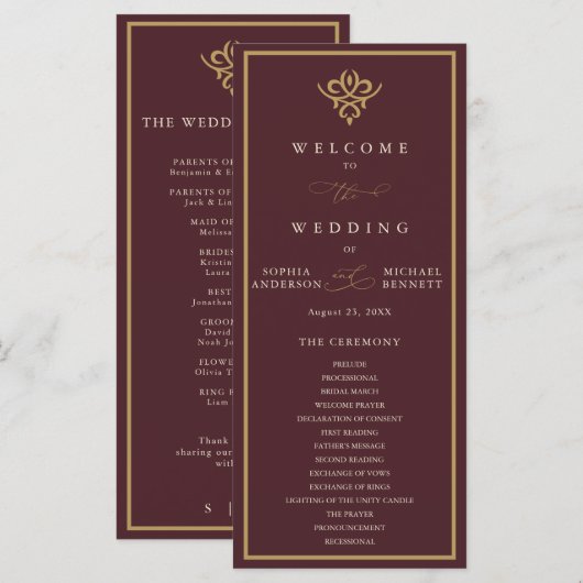Old Money Burgundy Wedding Program Programm (Vorne/Hinten)
