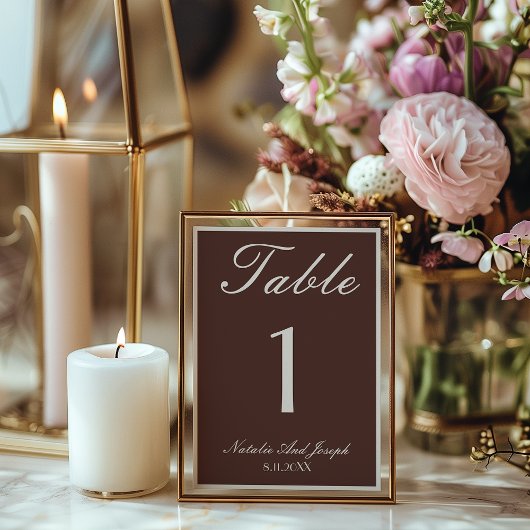 Old Money Chocolate Brown Wedding Table Number Einladung