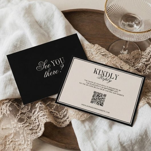 Old Money Classic Luxury Black Cream Wedding RSVP Karte