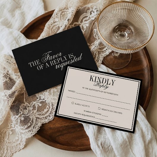 Old Money Classy Timeless Black Cream Wedding RSVP Karte