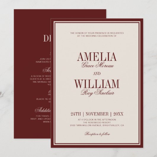 Old Money Classy Timeless Burgundy Wedding Einladung (Vorne/Hinten)