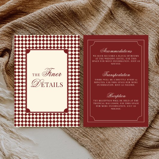 Old Money Deep Red Ivory Checkered Wedding Details Begleitkarte