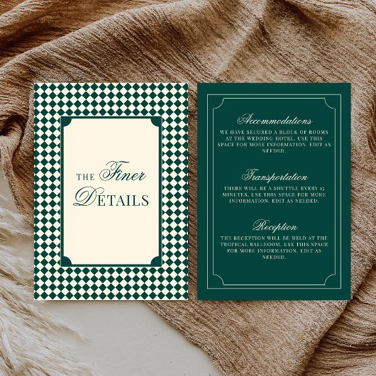 Old Money Emerald Ivory Checkered Wedding Details Begleitkarte