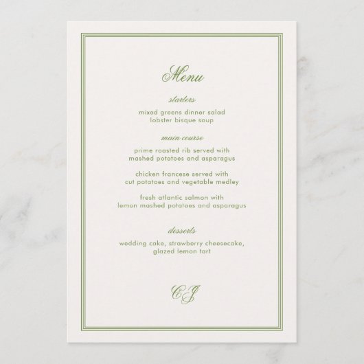 Old Money Green Wedding Menu Card Einladung (Vorderseite)