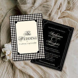 Old Money Luxury Black & Ivory Checkered Wedding Einladung