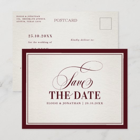 Old Money Modern Burgundy Luxury Save the date Postkarte (Vorne/Hinten)