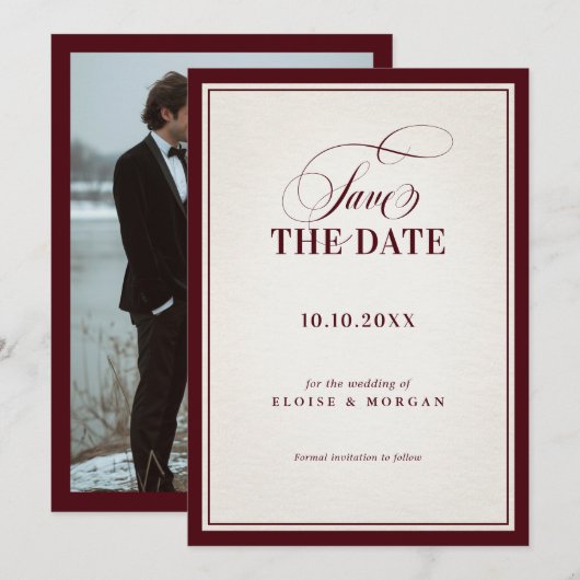 Old Money Modern Formal Burgundy Luxury Wedding Save The Date (Vorne/Hinten)
