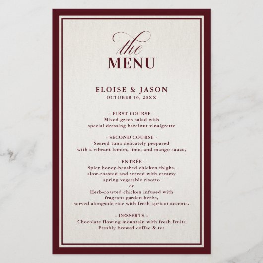 Old Money Modern Formal Burgundy Wedding Menu (Vorderseite)