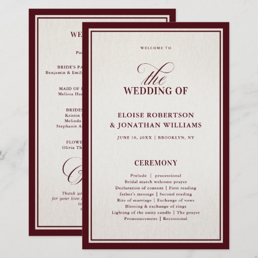 Old Money Modern Formal Burgundy Wedding Program (Vorne/Hinten)