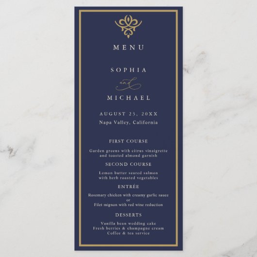 Old Money Navy Blue Wedding Flat Menu Menükarte (Vorderseite)