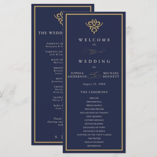 Old Money Navy Blue Wedding Program Programm (Vorne/Hinten)