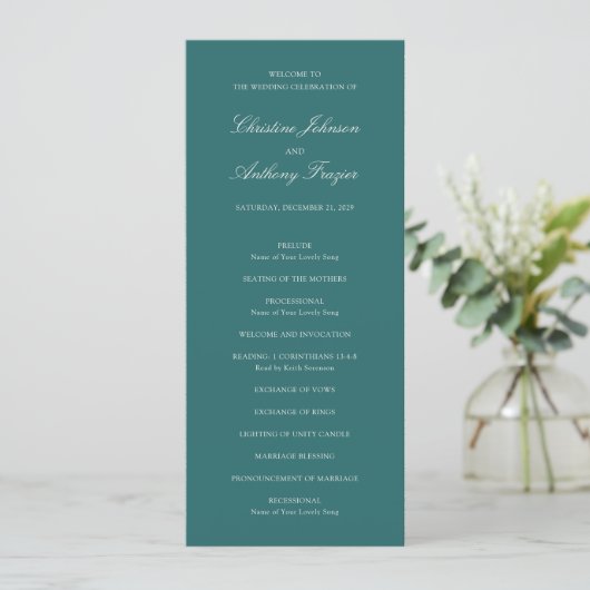 Old Money Teal Classic Wedding Programm (Stehend Vorderseite)