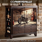 Old motorcycle, a garage with oil pump - Decoupage Geschenkpapier Set