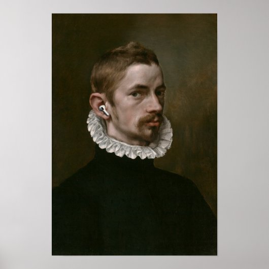 Old portrait of male with ear buds. poster (Vorne)